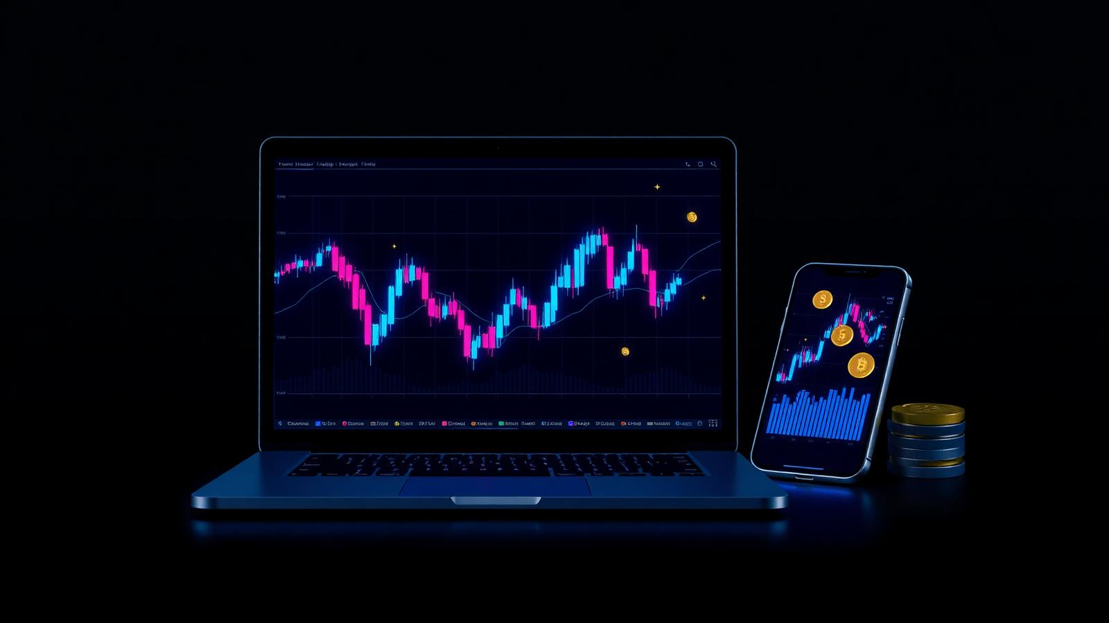 Raxon24 Test: Handelsplattform mit Krypto- und Forex-Charts auf Laptop und Smartphone